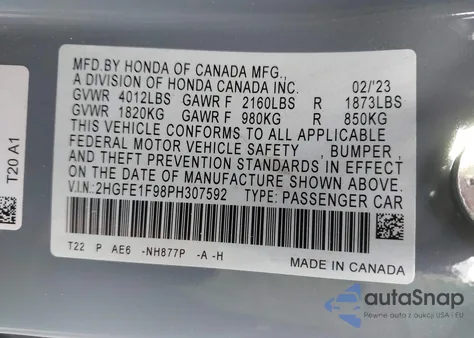 2023 Honda Civic Touring из США, поврежденный, VIN 2HGFE1F98PH307592